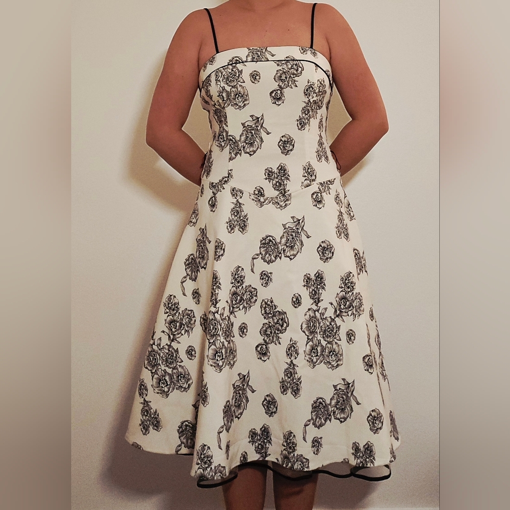 dressbarn Cream and Black Rose Print Midi Dress